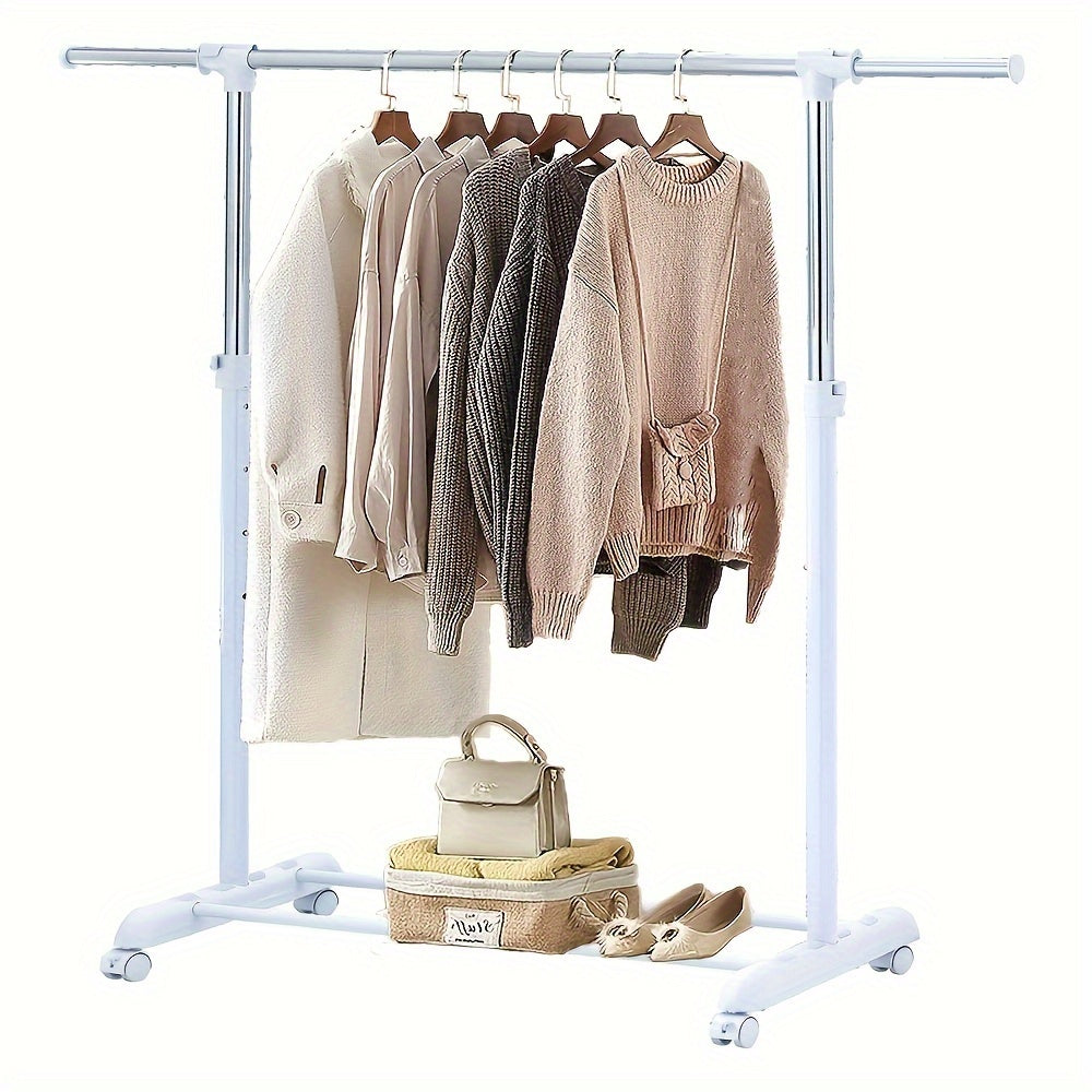 Adjustable Rolling Garment Rack – Metal Chrome & White, 84-121W x 44D x 123.5-163H cm