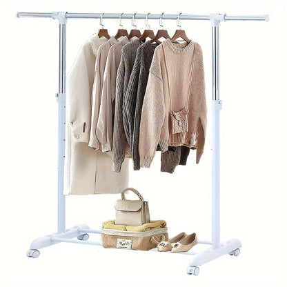 Adjustable Rolling Garment Rack – Metal Chrome & White, 84-121W x 44D x 123.5-163H cm