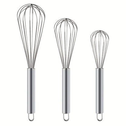 3pcs Stainless Steel Egg Whisk Set - 3 Sizes for Cooking, Baking, and Kitchen Use