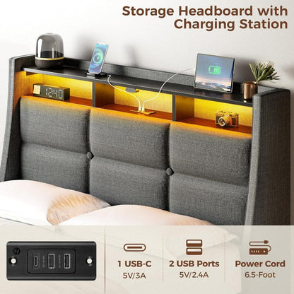 Twin Full Queen Bed Frame with LED Lighting and Charging Station - PU Leather/Neutral Linen Storage Headboard, Drawers, Heavy Duty Wood Slats, Easy Assembly - Modern Bedroom Furniture Upgrade