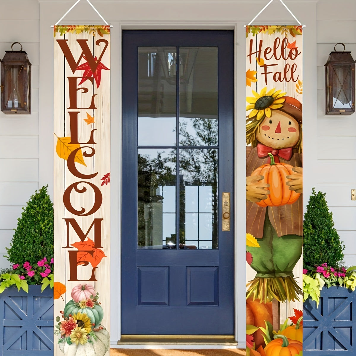 2pcs Scarecrow Welcome Banner Set – Autumn Harvest and Thanksgiving Decor, Durable Polyester, 12x70.8 Inches for Front Door and Outdoor Use