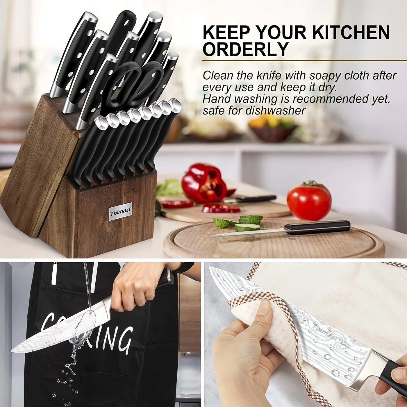 18pcs Kitchen Knife Set with Block & Sharpener Rod - High Carbon Stainless Steel Chef Knives, Ultra Sharp Full-Tang Design for Home Cooking