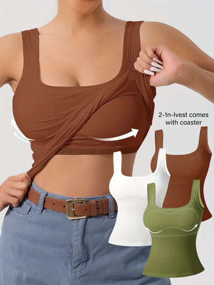 Women's 3-Piece Ribbed U-Back Tank Tops – Slim Fit with Removable Pads, Solid Colors, Casual Layering and Outerwear Camisoles