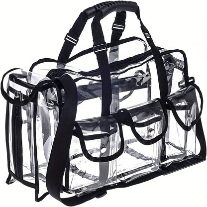 Professional Large Capacity Transparent PVC Makeup Organizer – Waterproof Cosmetic Bag with 6 Pockets and Adjustable Shoulder Strap, Travel-Friendly for MUA and Artists