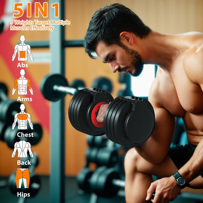 Adjustable Dumbbell 25-55LB – Quick 1-Second Weight Change, 5-in-1 Free Weight with Anti-Slip Handle, Space-Saving Home Gym Equipment