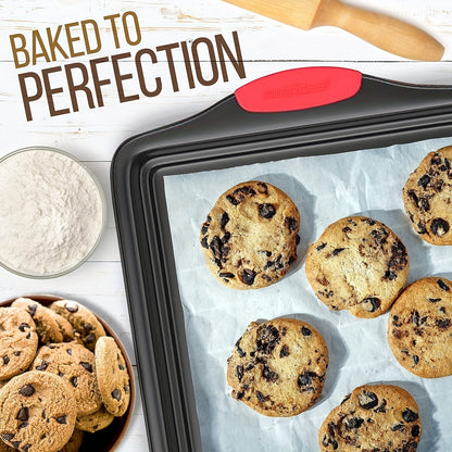 3 Pack Oven Baking Tray - Carbon Steel Non-Stick Kitchen Trays with Red Silicone Handles - Luxurious, Commercial-Grade Quality