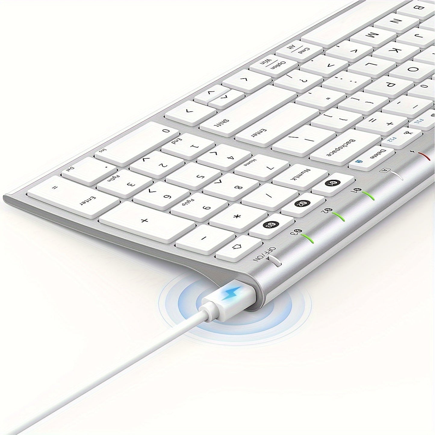 Multi-Device BT Keyboard - Slim, Rechargeable Wireless Keyboard with Number Pad, Switches Between 3 Devices, Compatible with Mac/iPad/Android/Windows - White and Silver