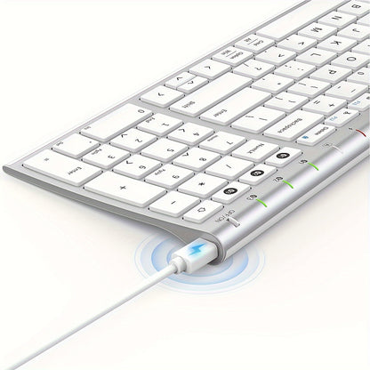 Multi-Device BT Keyboard - Slim, Rechargeable Wireless Keyboard with Number Pad, Switches Between 3 Devices, Compatible with Mac/iPad/Android/Windows - White and Silver