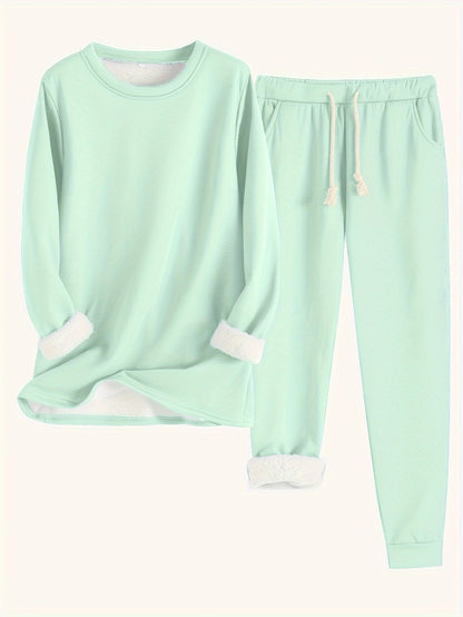 Women's Solid Color Thermal Set – Long Sleeve Sweatshirt & Drawstring Pants Outfit
