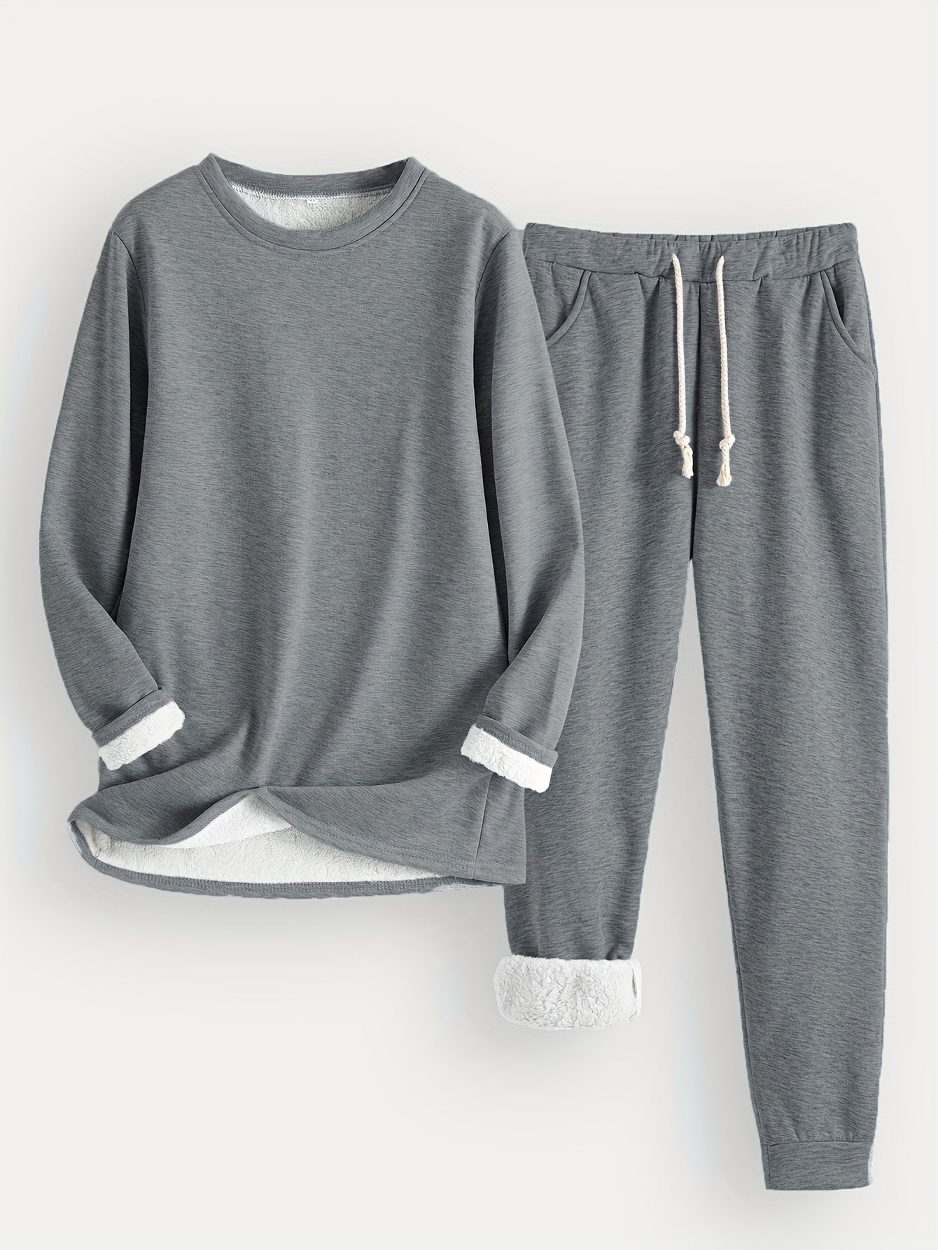 Women's Solid Color Thermal Set – Long Sleeve Sweatshirt & Drawstring Pants Outfit
