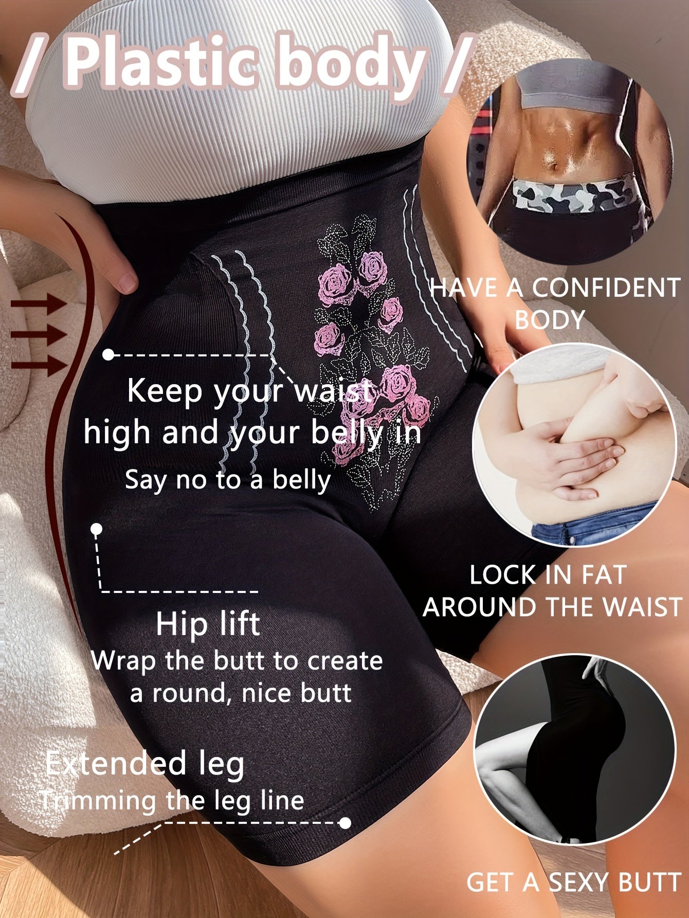 Women's Plus Size Elegant Shapewear Shorts - Floral Print High Waist Tummy Control Compression Slimming Shorts
