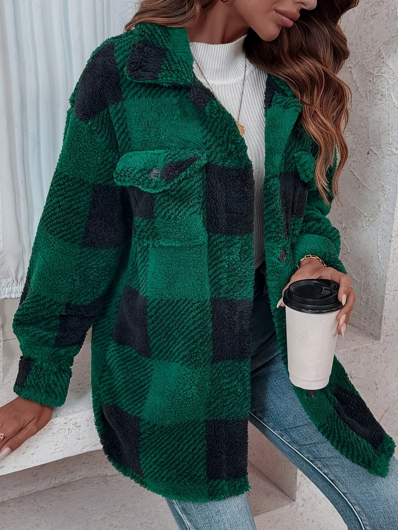 Plaid Pattern Button-Front Fuzzy Coat – Elegant Long Sleeve Warm Outerwear for Fall & Winter, Women's Clothing
