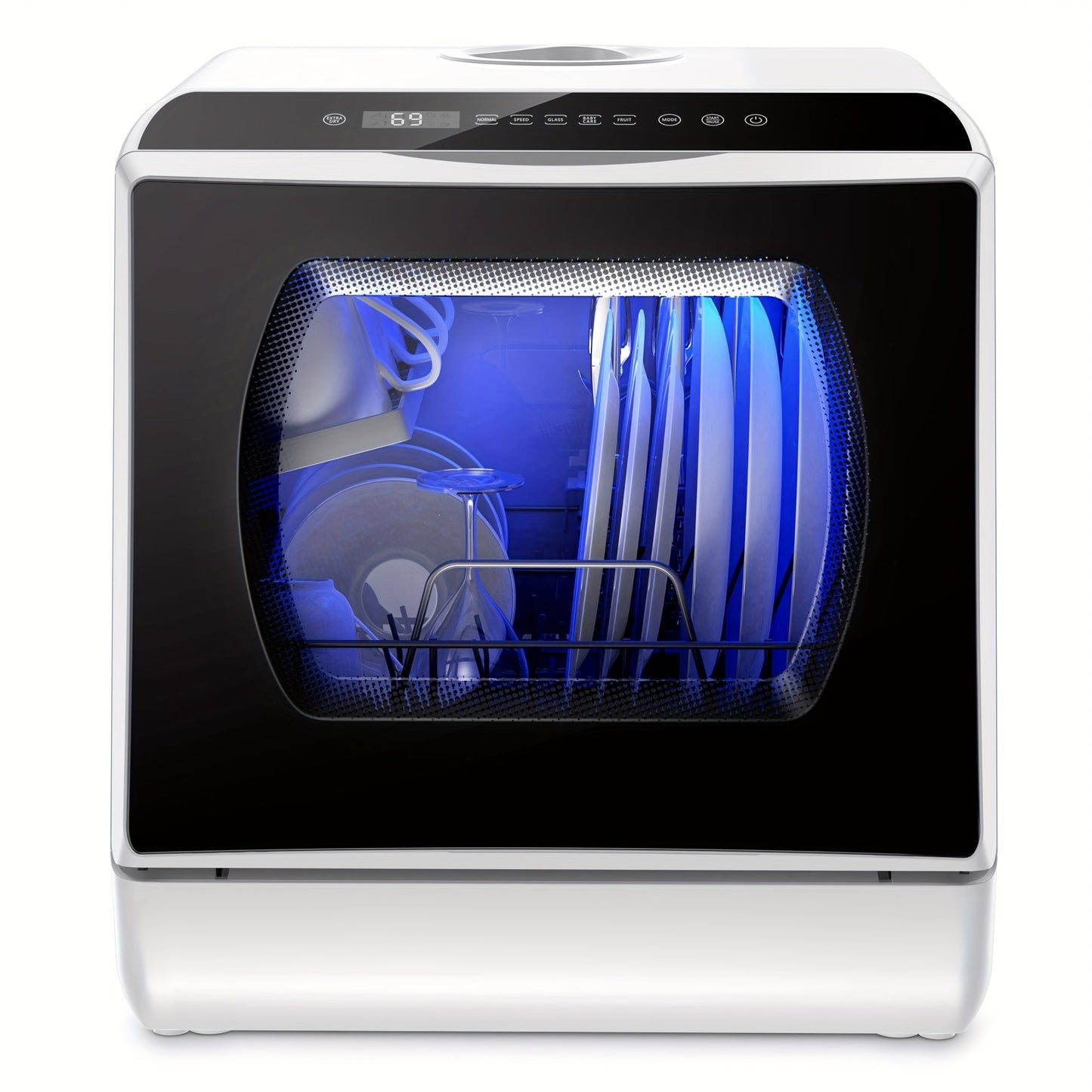 AE-TDQR03 Portable Countertop Dishwasher – Compact Mini with 5L Water Tank, Air-Dry Function, 5 Washing Programs – Baby Care, Glass and Fruit Wash, White/Black