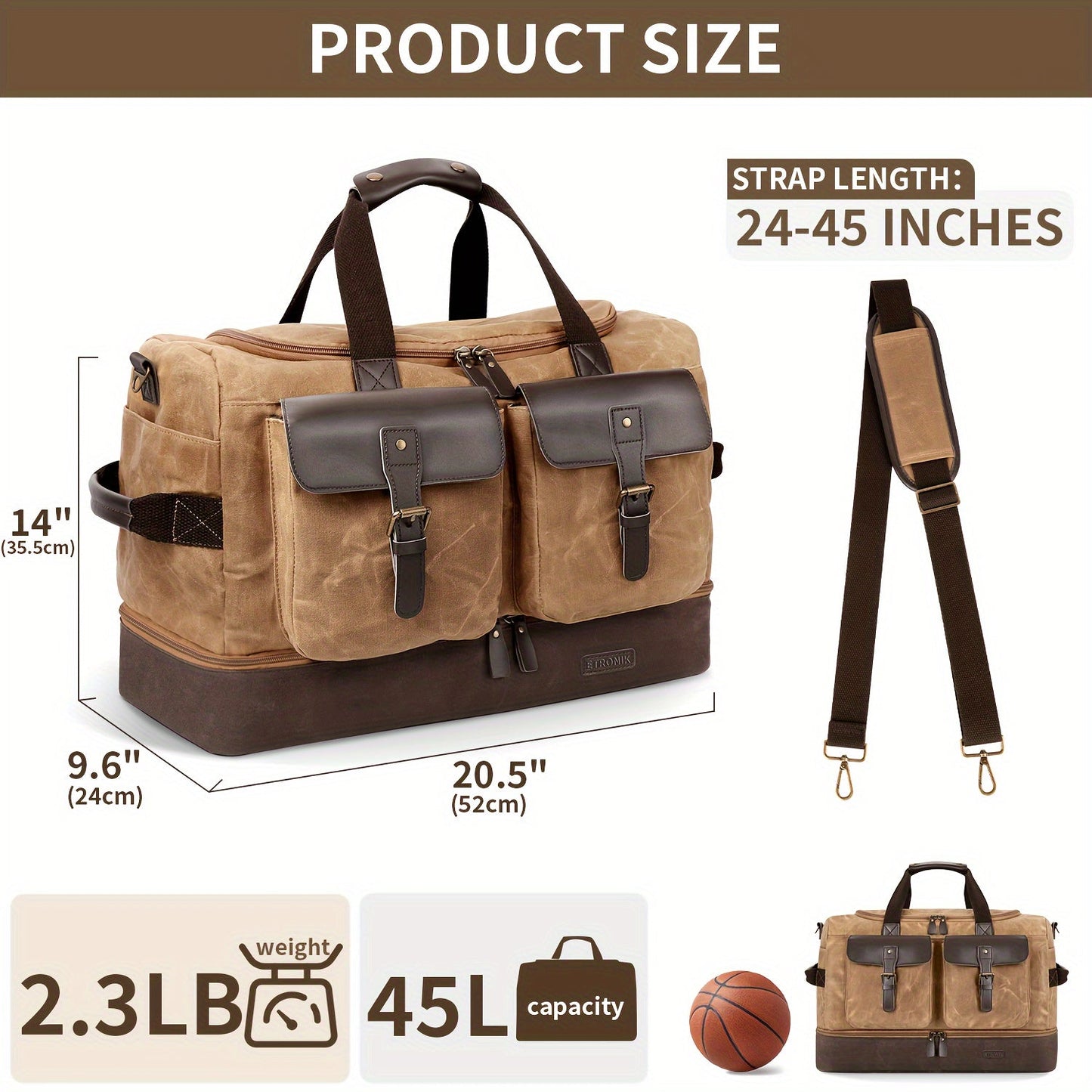 Travel Duffle Bag for Men - Waterproof Canvas Weekender with Wet Pocket, Shoes Compartment, Vintage Carry-On Luggage with Adjustable Strap