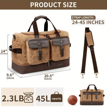 Travel Duffle Bag for Men - Waterproof Canvas Weekender with Wet Pocket, Shoes Compartment, Vintage Carry-On Luggage with Adjustable Strap