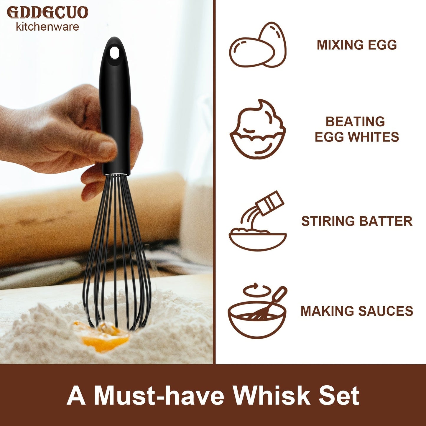 3 Piece Silicone Egg Whisk Set - Manual Egg Beater for Baking and Kitchen Us