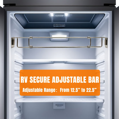 Adjustable RV Refrigerator Secure Bar – Stainless Steel Camper Fridge Barrier, 12.5"-22.5" Wide, Keeps Storage from Falling, Easy Installation, Durable