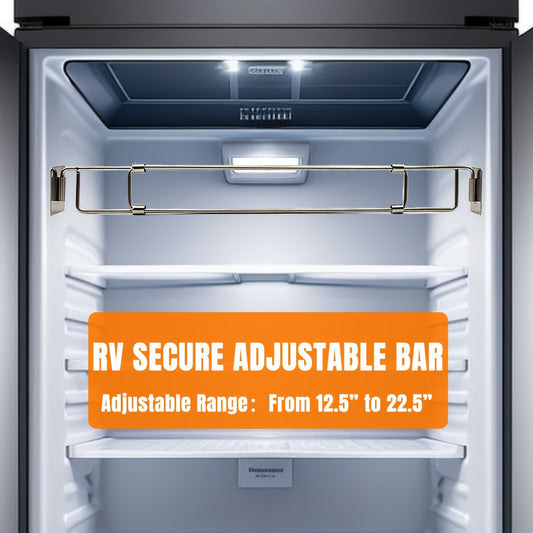 Adjustable RV Refrigerator Secure Bar – Stainless Steel Camper Fridge Barrier, 12.5"-22.5" Wide, Keeps Storage from Falling, Easy Installation, Durable