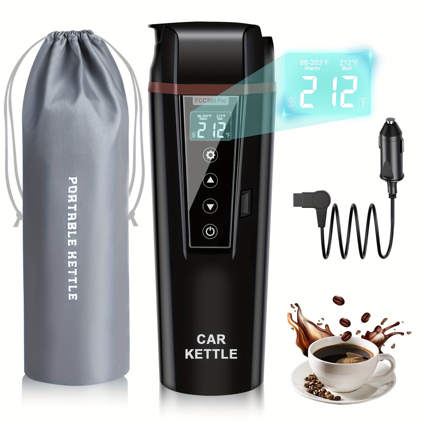 12V/24V Car Electric Kettle - Travel Portable Fast Water Boiler and Heater with Adjustable Temperature - 304 Stainless Steel Travel Mug for Coffee and Tea, Dry Burn Protection