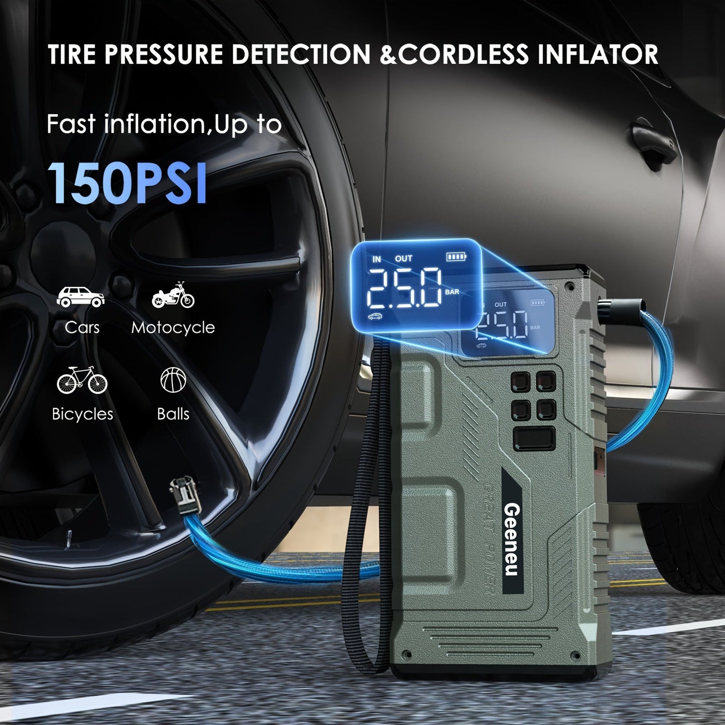 3000A Peak Car Jump Starter with Air Compressor – Portable 12V Battery Charger, 150PSI Digital Tire Inflator, QC18W Fast Charge, LED Emergency Light – Multi-Function Power Bank for 9.0L Gas/7.5L Diesel Vehicles
