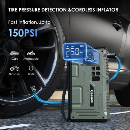 3000A Peak Car Jump Starter with Air Compressor – Portable 12V Battery Charger, 150PSI Digital Tire Inflator, QC18W Fast Charge, LED Emergency Light – Multi-Function Power Bank for 9.0L Gas/7.5L Diesel Vehicles