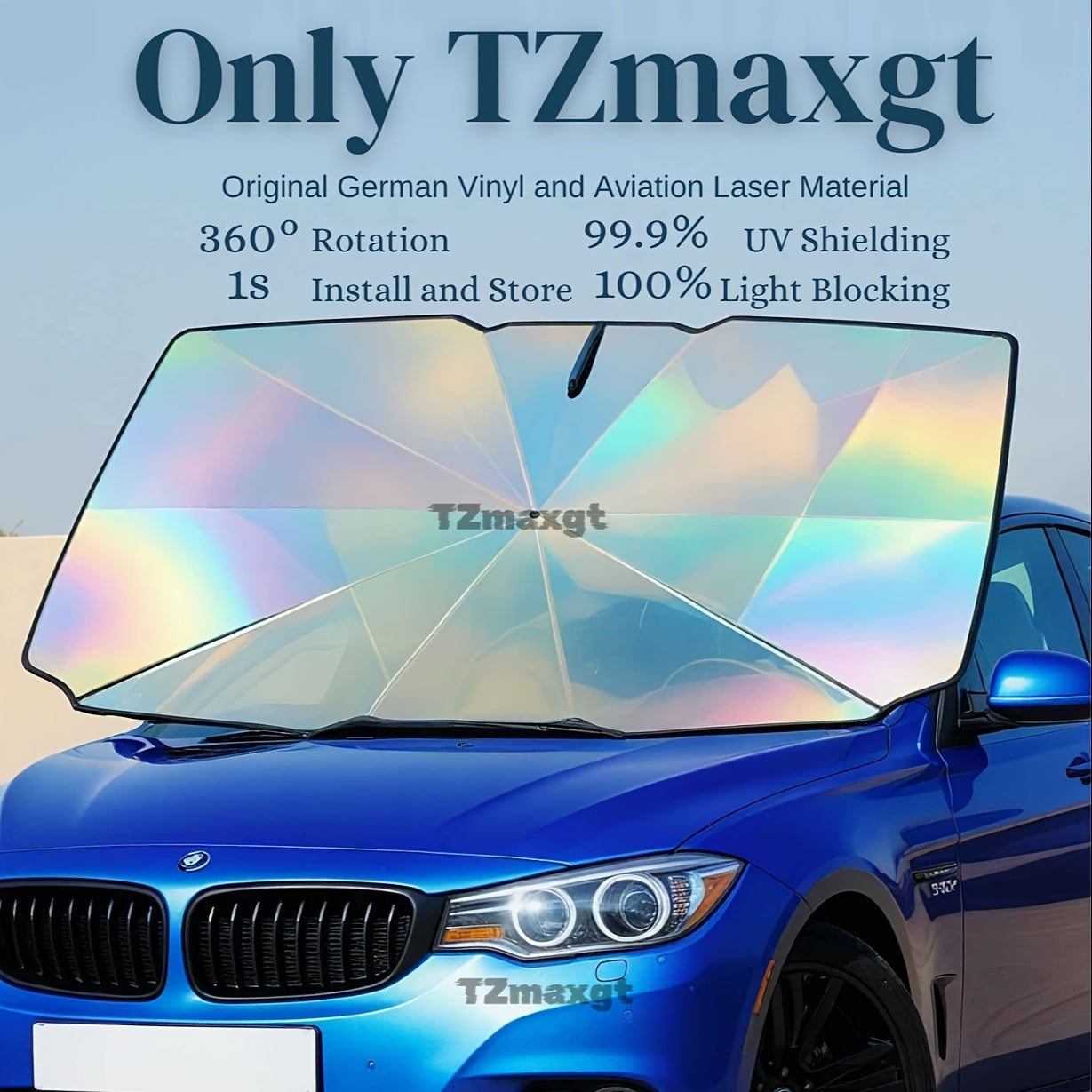 2024 Iridescent Car Windshield Sun Shade Umbrella – 360° Anti-Scratch Handle, Foldable UV Ray Blocking Cover, 10-Layer Fabric Front Windshield Cover (55x31.5 Inch)