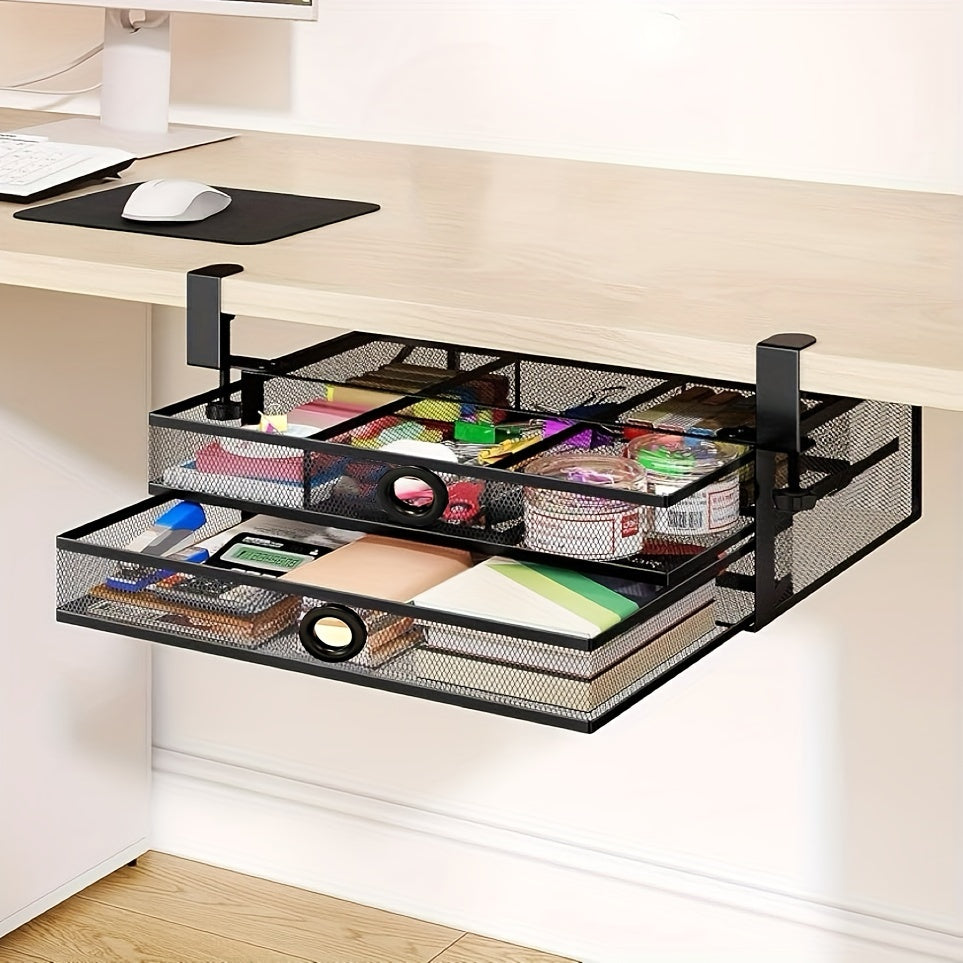 Under Desk Drawer Organizer Clamp-On - Mesh Metal Desk Attachment with 2 Slide-Out Drawers for Office Supplies and Home Essentials, Storage and Transport Solution