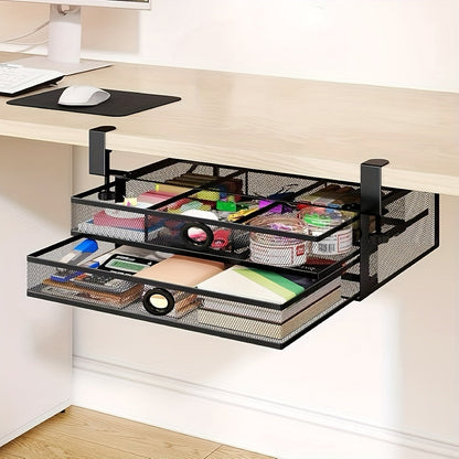 Under Desk Drawer Organizer Clamp-On - Mesh Metal Desk Attachment with 2 Slide-Out Drawers for Office Supplies and Home Essentials, Storage and Transport Solution