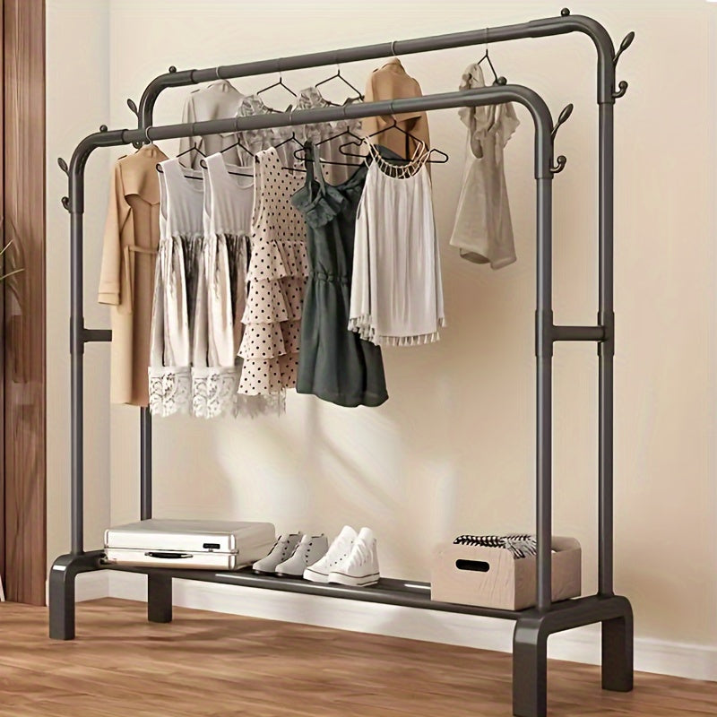 Adjustable Metal Clothes Rack – Heavy-Duty Hanging Organizer with Top Rod and Lower Storage Shelf, Black, for Bedroom and Living Room