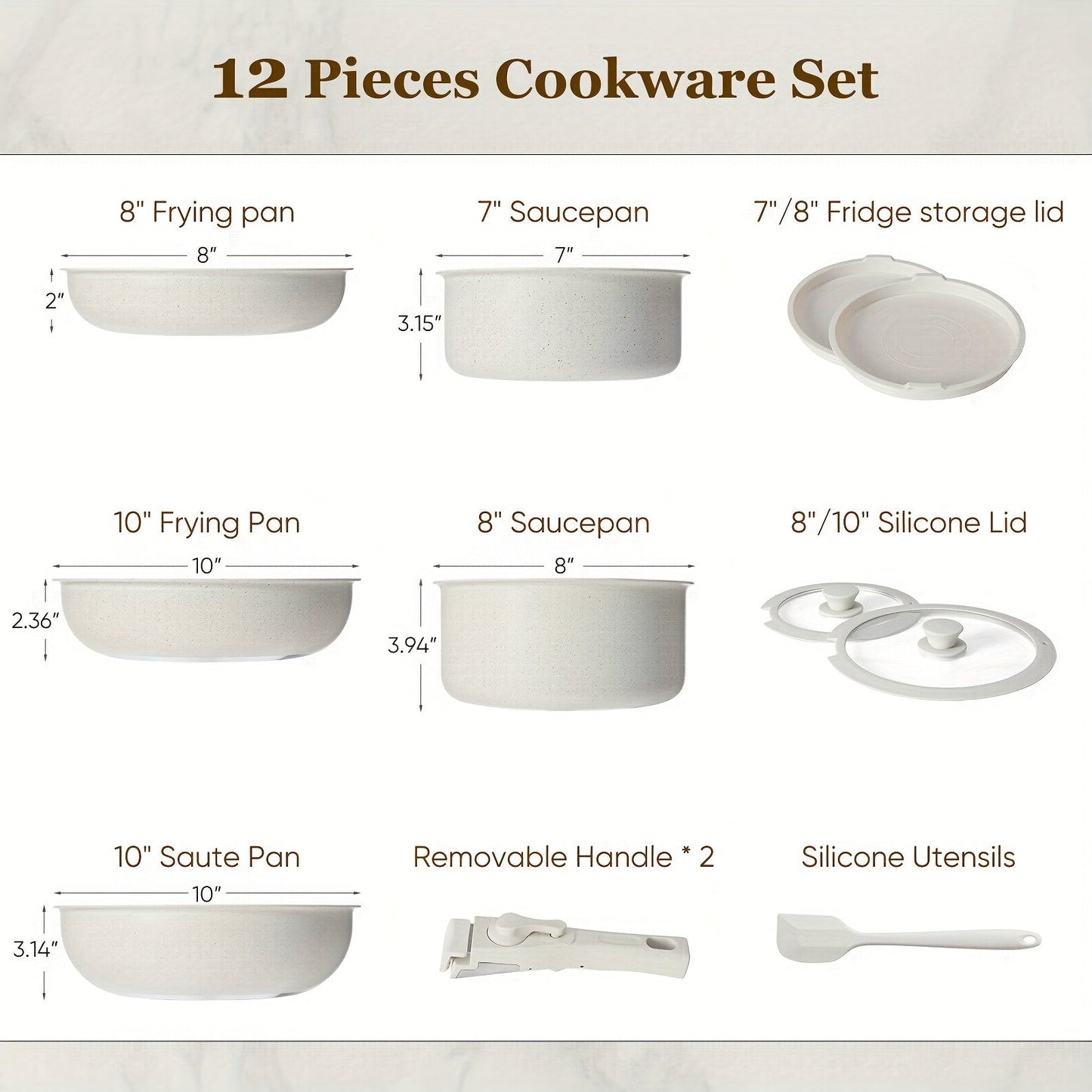 12-Piece Nonstick Cookware Set with Detachable Handle – Beige Induction, Dishwasher & Oven Safe Pots and Pans