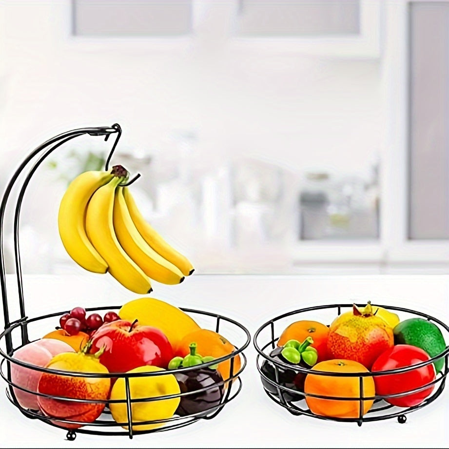 2 Tier Fruit Basket Bowl with Banana Hangers – Metal Wire Vegetable Storage Stand for Kitchen Counter, Fruits Organizer