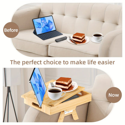 Sofa Armrest Tray with Storage Box - 360° Rotating Bamboo Arm Table, Phone Holder, Remote & Drink Cup Organizer, Food Tray for End Table