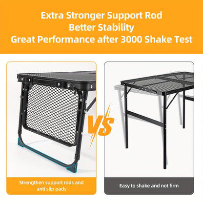 Portable Folding Camping Table with 2 Wing Panels – Height Adjustable, Mesh Desktop, Ideal for Picnic, BBQ, Camping & Beach