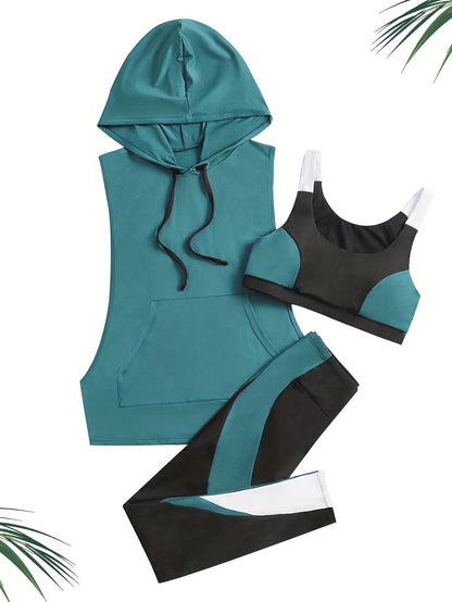 3 Piece Sports Set – Color Block Sports Bra, Drawstring Hooded Tank Top, and Leggings, Women's Activewear