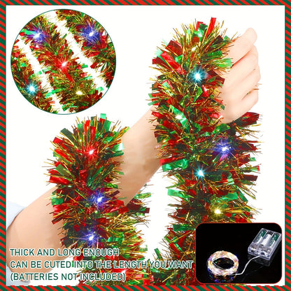 Dingion 16 Ft Christmas Tinsel Garland with LED Lights – Metallic Shiny Hanging Decorations for Indoor and Outdoor Xmas Party ( Batteries Not Included )