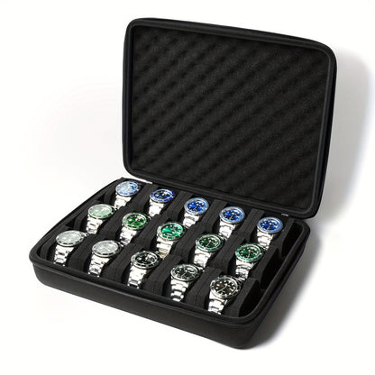 Hard-Shell 15-Slot Watch Storage Organizer Case - Fits Large and Small Watches, Soft Foam Pillow, Ideal for Men's and Women's Collections, Perfect Gift Choice