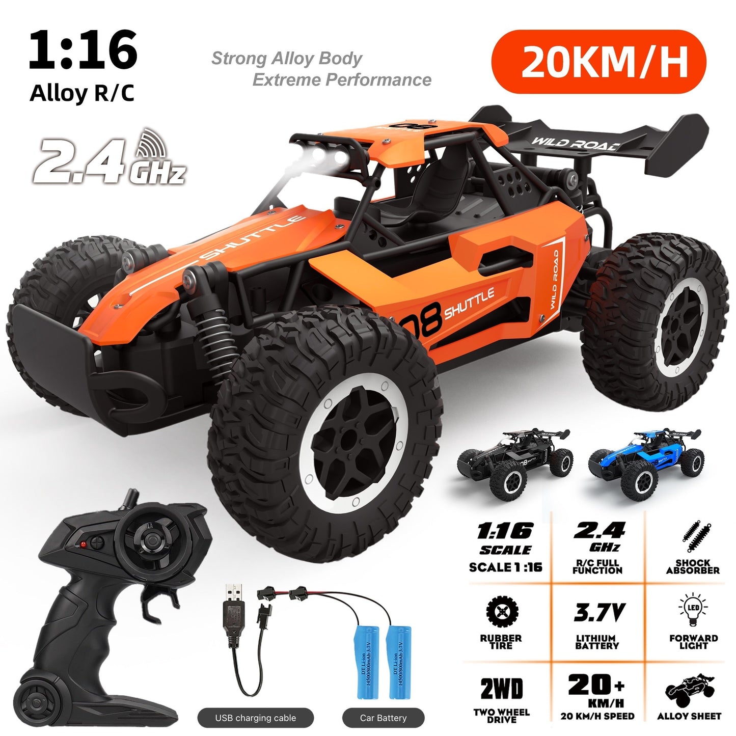 2.4G Double Battery 1:16 Alloy RC Car – High-Speed Up to 20 Km/h, All-Terrain Off-Road Capability, Remote Control – Ideal Electric Toy Car for Halloween and Christmas Gifts