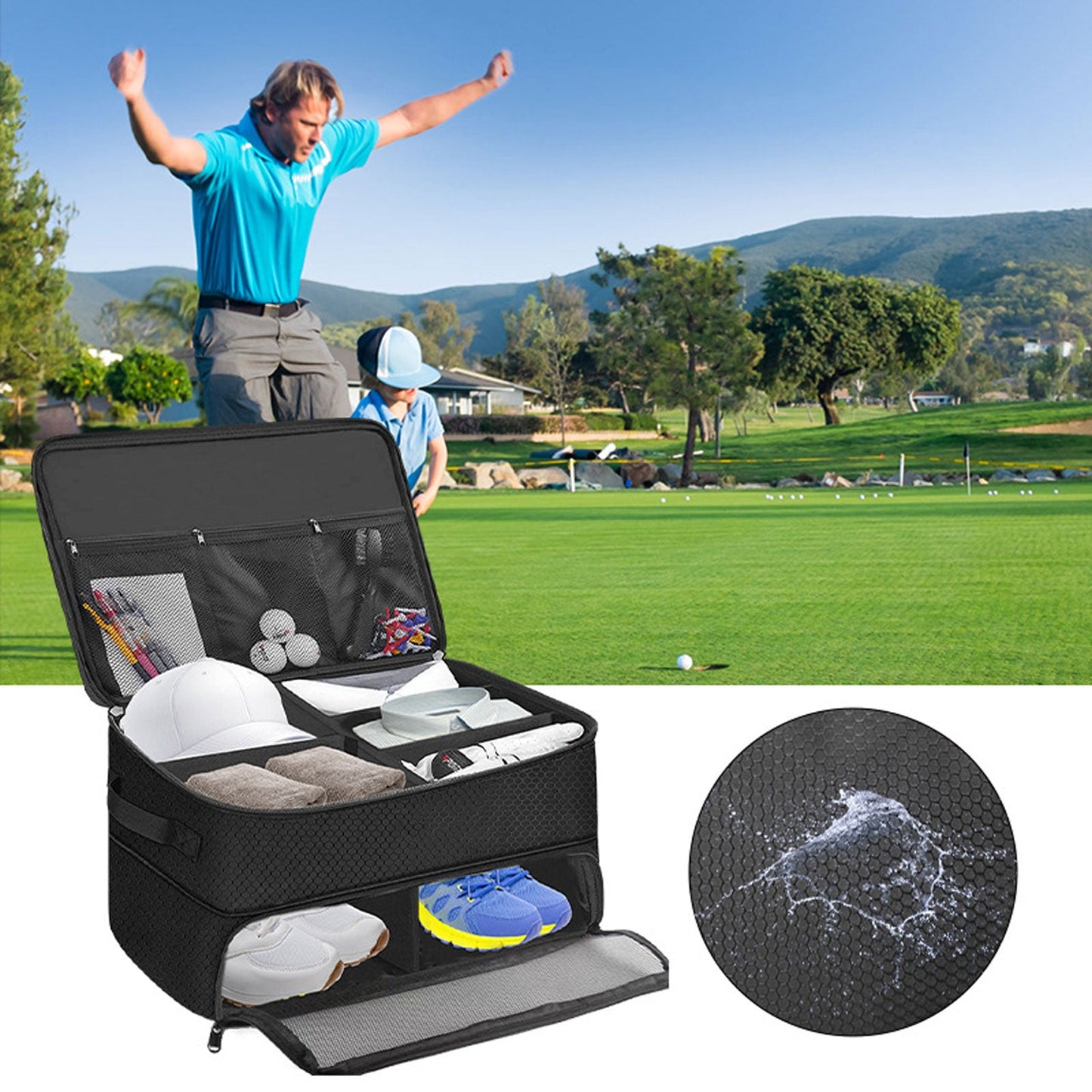 Golf Shoe Bag – Outdoor Foldable Storage for Golf Supplies, Oxford Cloth Holder Box for Ball & Towel, Portable Trunk Organizer