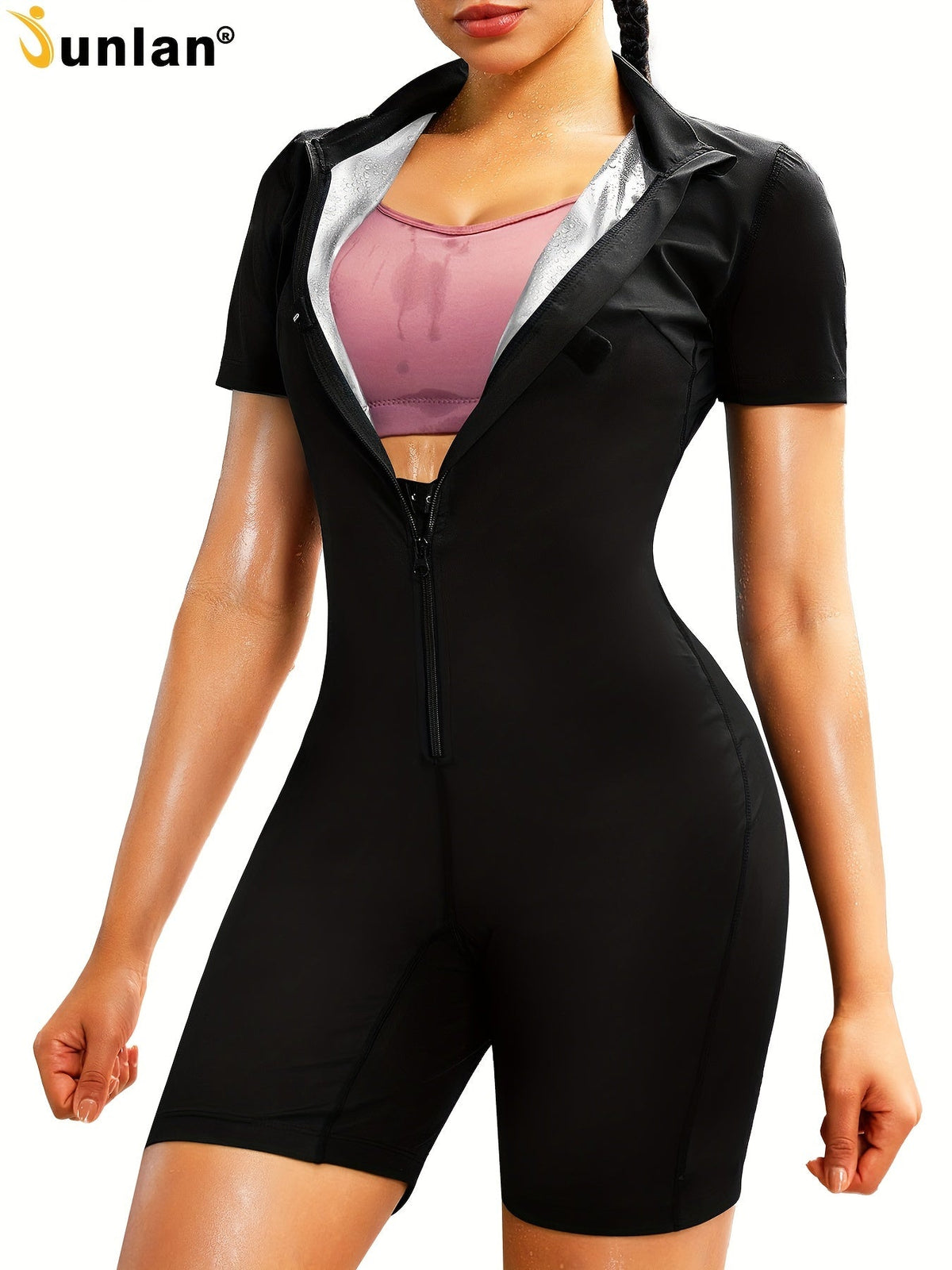 Junlan Women's Full Body Sauna Shapewear Suit – Half-Zipper Short Sleeve One-Piece Romper for Waist Training and Weight Loss