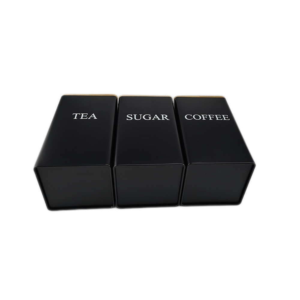 Set of 3 Square Metal Canisters with Wooden Lids – Tea, Sugar, and Coffee Storage