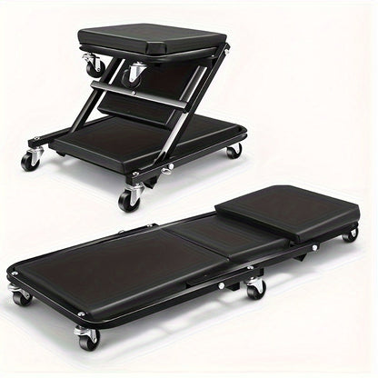 36 Inch 2-in-1 Z Crawling Seat – Adjustable Roll Folding Garage Chair, 300 lb Capacity with 6 Wheels, for Lying or Sitting in the Garage