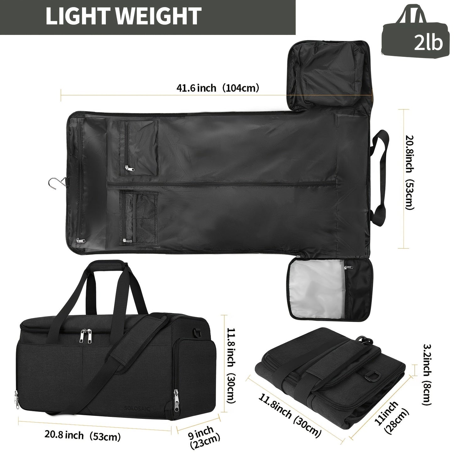 SOLOSAIC Convertible Carry-On Garment Bag - 2 in 1 Travel Duffle with Shoe Compartment, Hanging Dress Suitcase and Toiletry Bag for Men and Women, Black