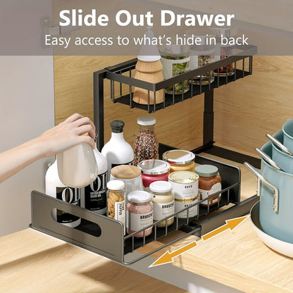 2 Tier Under Sink Organizer: Slide-Out Kitchen & Bathroom Cabinet Storage Shelf, Sturdy Metal Construction
