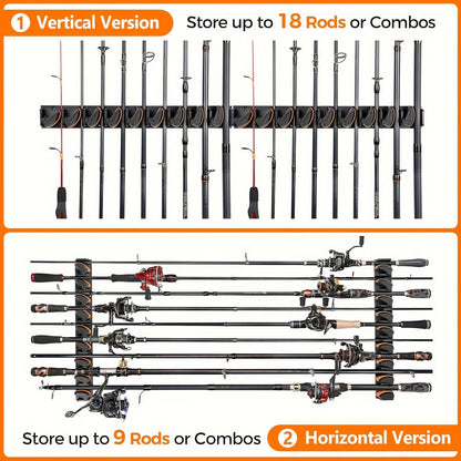 4 Pack PLUSINNO V9 Vertical Wall-Mounted Fishing Rod Holders – Heavy-Duty Aluminum, Holds Up to 36 Rods or Combos, Varnished Finish, Easy Installation, Fits Rods 3-19mm
