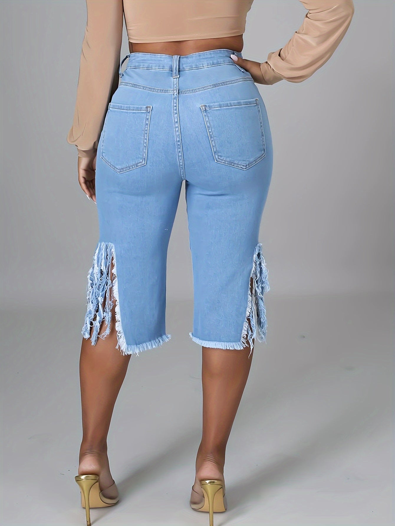 Women's Casual Distressed Denim Midi Shorts – Raw Fringe Hem, Ripped Split Detail – Fashionable Summer Jorts