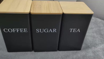 Set of 3 Square Metal Canisters with Wooden Lids – Tea, Sugar, and Coffee Storage