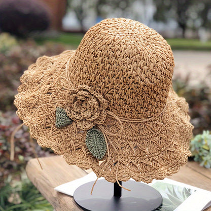 Hand-Crocheted Ruffled Straw Hat - Stylish Summer Beach, Hiking & Thanksgiving Hat