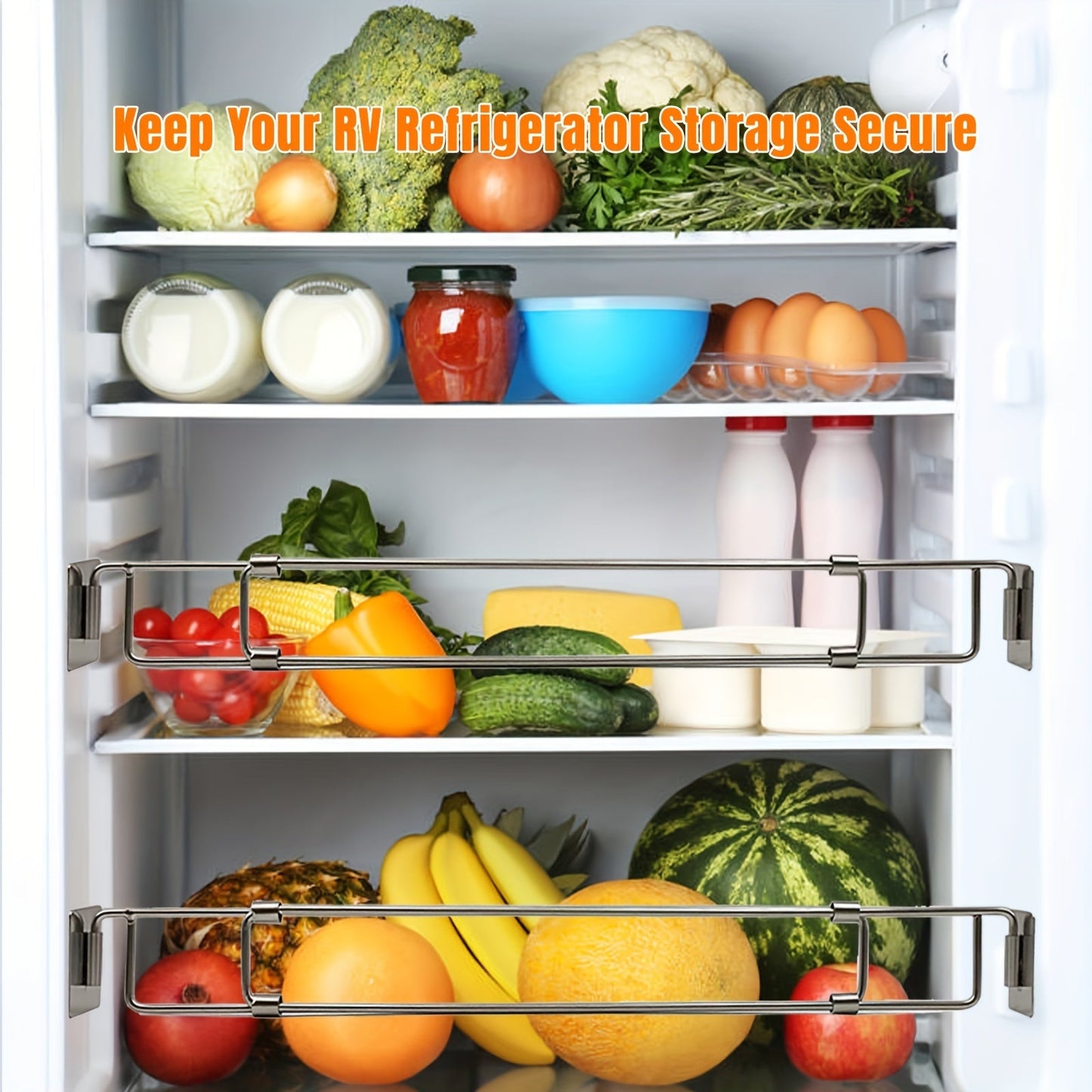 Adjustable RV Refrigerator Secure Bar – Stainless Steel Camper Fridge Barrier, 12.5"-22.5" Wide, Keeps Storage from Falling, Easy Installation, Durable