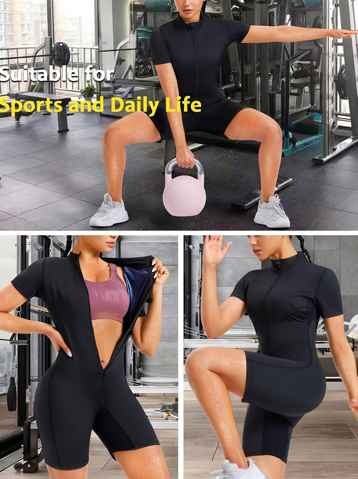 Junlan Women's Full Body Sauna Shapewear Suit – Half-Zipper Short Sleeve One-Piece Romper for Waist Training and Weight Loss