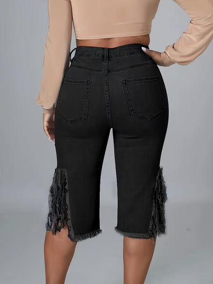 Women's Casual Distressed Denim Midi Shorts – Raw Fringe Hem, Ripped Split Detail – Fashionable Summer Jorts